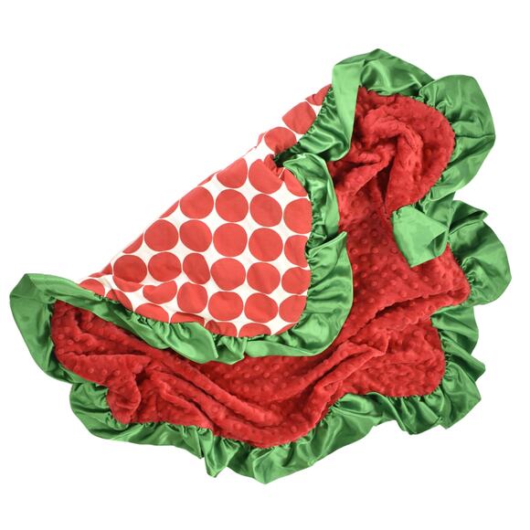 Christmas Baby Blanket Red Dots with Green Satin Border NEW - Picture 3 of 8
